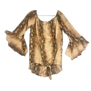 Adora Snake Print Chiffon Blouse Tie Front Bell Sleeve Boho Top L Brown